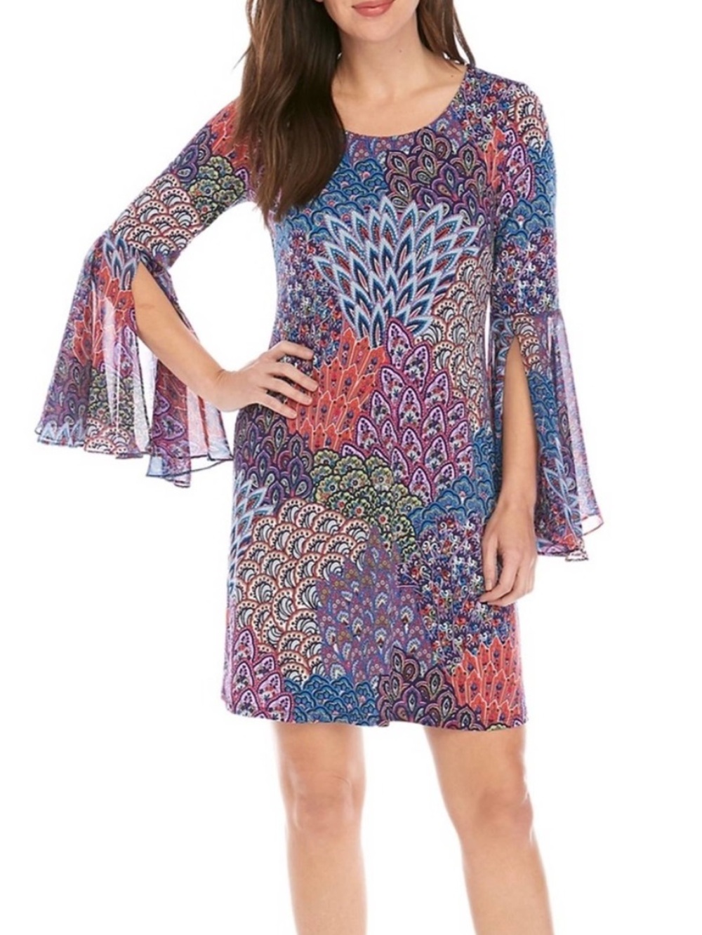 Ivy road bell sleeve peacock colorful print babydoll 70’s inspired dress